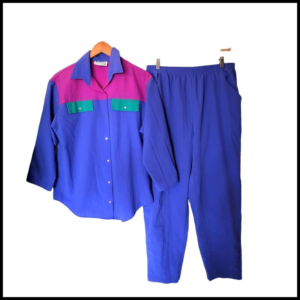 Vintage My Kinda Petite Set Outfit Shirt Pants Purple Color block M‎ Medium snap